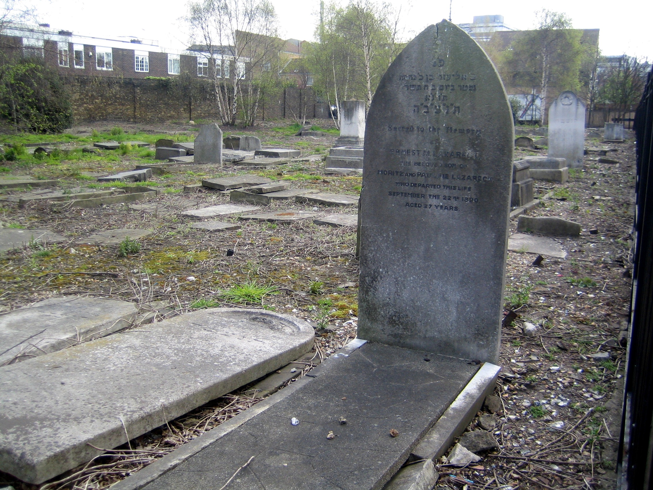 The Bancroft Road grave of Ernest M Lazereck who died in 1890 at the age of 27